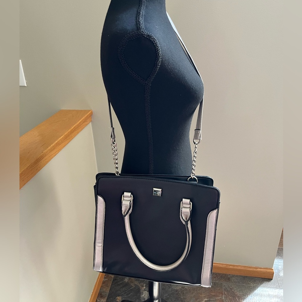Nine West modern color block black silver top handle satchel crossbody purse.